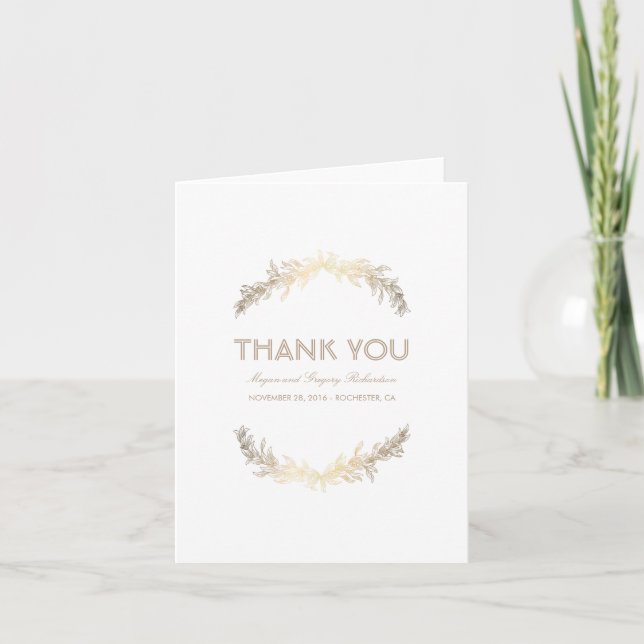 Gold Vintage Laurel Wedding Thank You Card (Front)