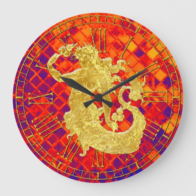 Gold Vintage Mermaid Sunset Sea Glass Large Clock (Front)