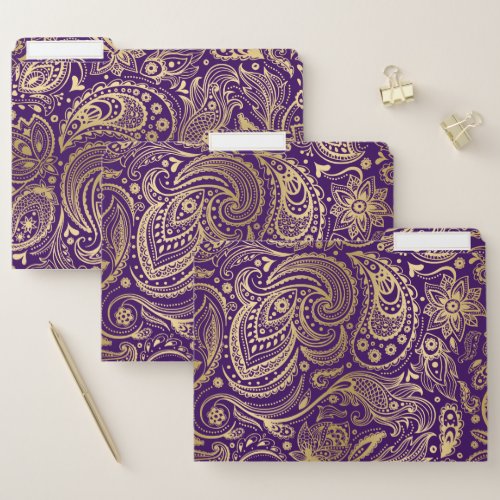Gold vintage paisley pattern on purple file folder
