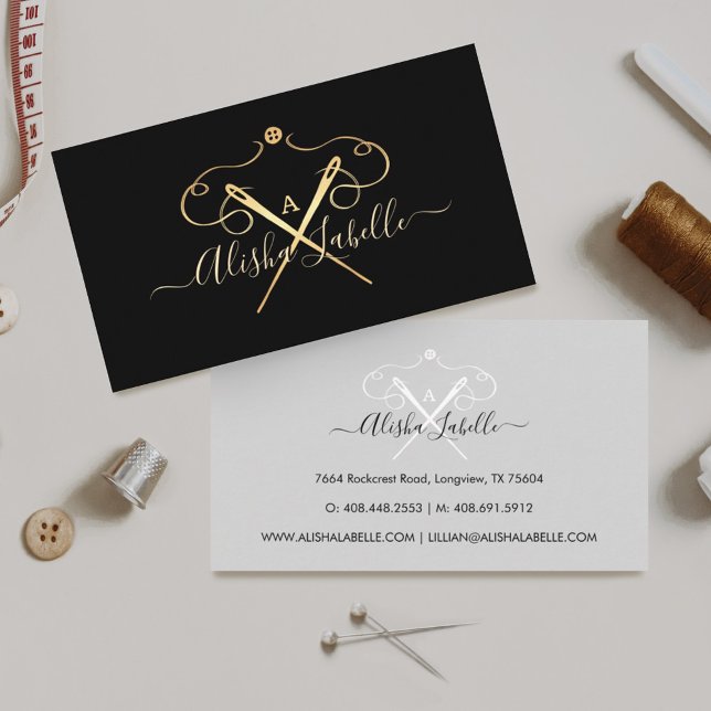 Gold Vintage Seamstress Sewing Needles Monogram Business Card (Creator Uploaded)