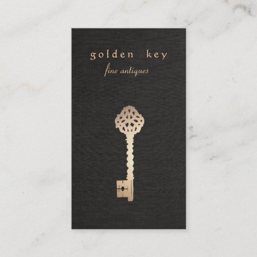 Customizable Gold Key Black Linen Look Business Card