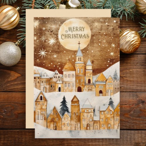 Gold Vintage Snow Covered Village Merry Christmas Holiday Card