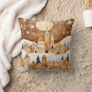 Gold Vintage Snow Covered Village Throw Pillow