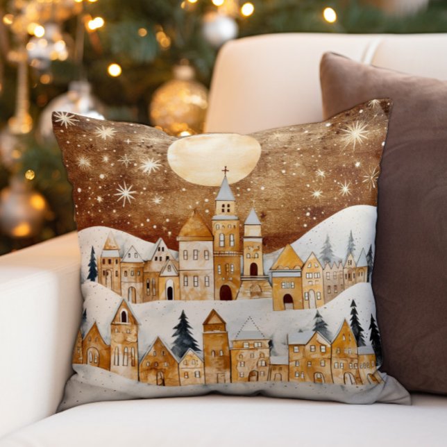 Gold Vintage Snow Covered Village Throw Pillow (Elegant gold and white snow-covered village Christmas pillow)