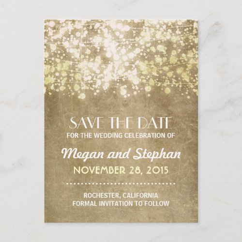 Gold vintage string lights save the date PORTCARDS Announcement Postcard