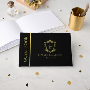 Gold Vintage Wedding Crest Monograms On Black Foil Guest Book