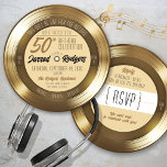 Gold Vinyl Record Retro Music 50th Birthday Party Invitation<br><div class="desc">This unique & fun black and Gold Vinyl Record Retro Music theme round shape 50th birthday party invitation with catchy song title quote "This Will Be One For The Record" and fun typography details, features a double-sided solid gold record vibe ("Side A / Side B"), with invitation details on the...</div>
