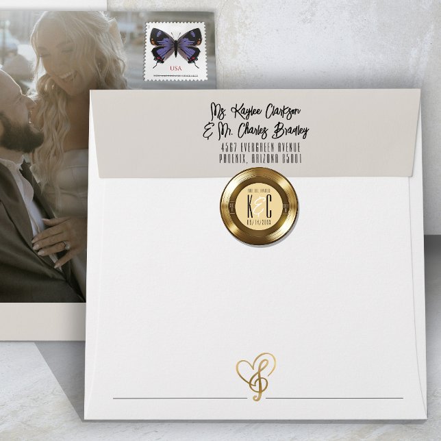 Gold Vinyl Record Unique Vintage Music Wedding Classic Round Sticker (Solid gold vinyl record monogram wedding invitation closure round sticker, wedding favor sticker )