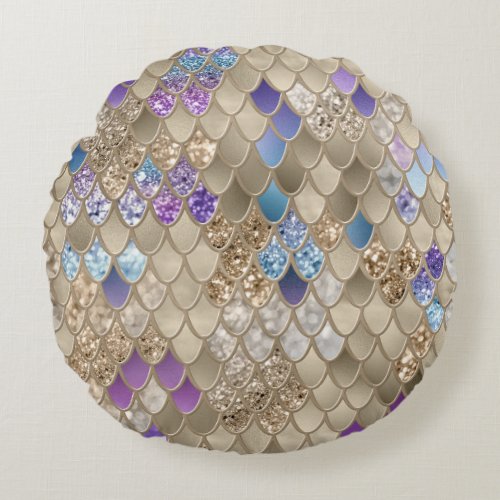 Gold Violet Blue Mermaid Scales Glam 2  Round Pillow