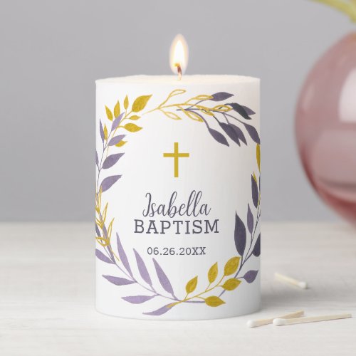 Gold Violet Botanical Baptism Pillar Candle