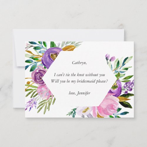 Gold  Violet Floral Bridesmaid Proposal Card