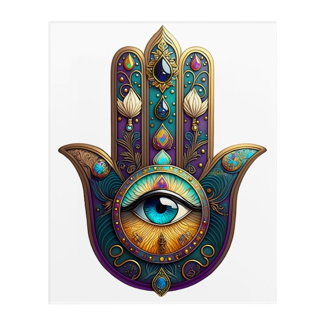 Gold Violet Teal Hamsa w/ Turquoise Third Eye Acrylic Print (Front)