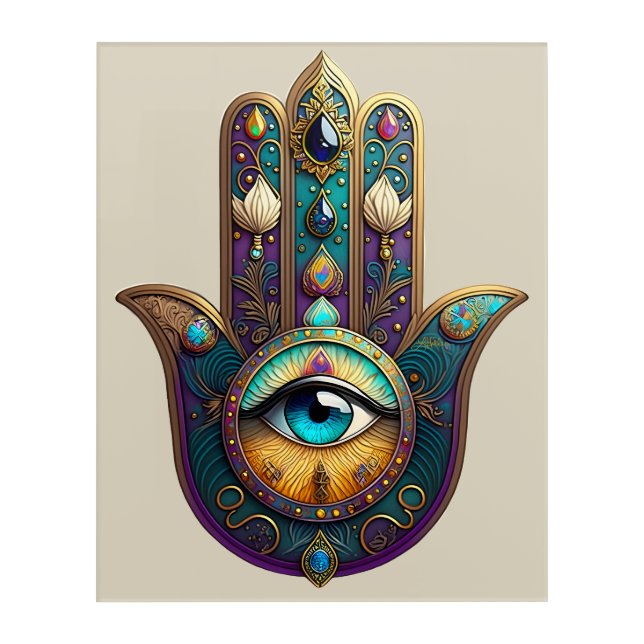 Gold Violet Teal Hamsa w/ Turquoise Third Eye Acrylic Print (Front)