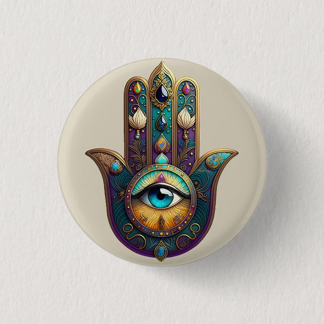 Gold Violet Teal Hamsa w/ Turquoise Third Eye Button (Front)