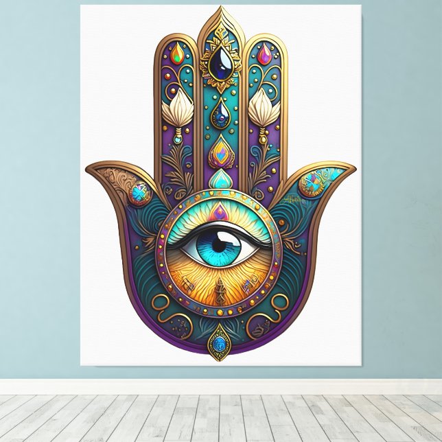 Gold Violet Teal Hamsa w/ Turquoise Third Eye Canvas Print (Insitu(Wood Floor))