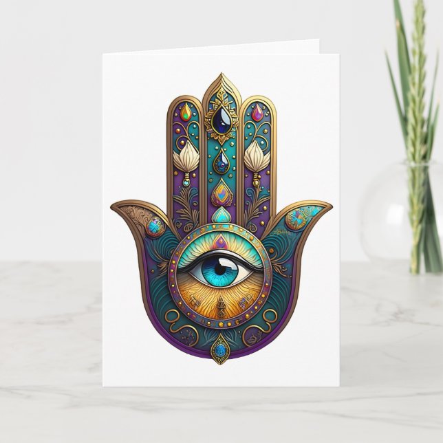 Gold Violet Teal Hamsa w/ Turquoise Third Eye Card (Front)