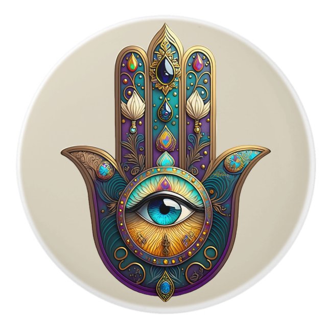 Gold Violet Teal Hamsa w/ Turquoise Third Eye Ceramic Knob (Front)