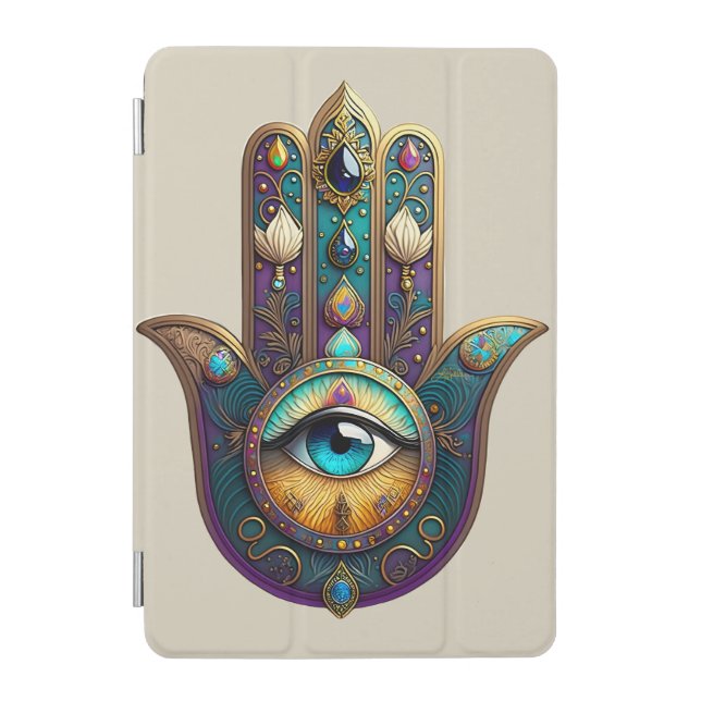 Gold Violet Teal Hamsa w/ Turquoise Third Eye iPad Mini Cover (Front)