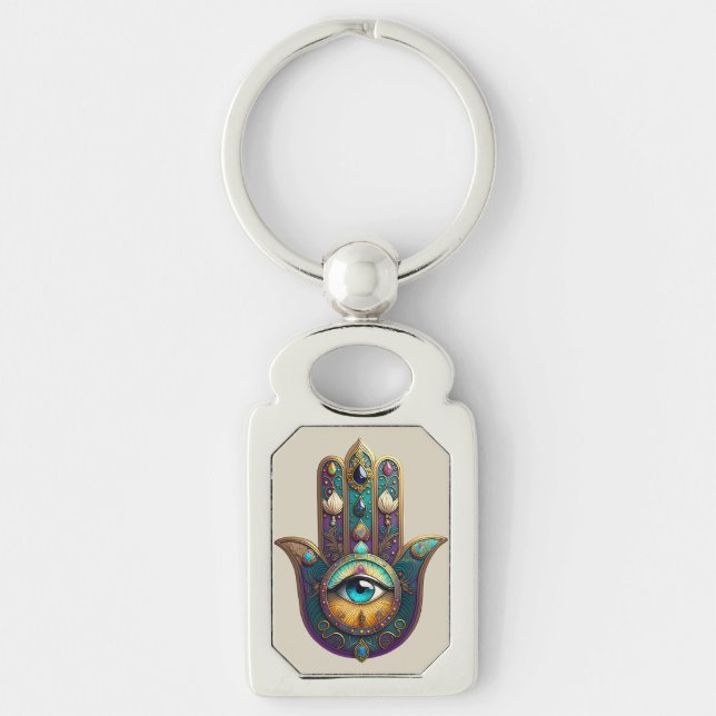 Gold Violet Teal Hamsa w/ Turquoise Third Eye Keychain (Front)