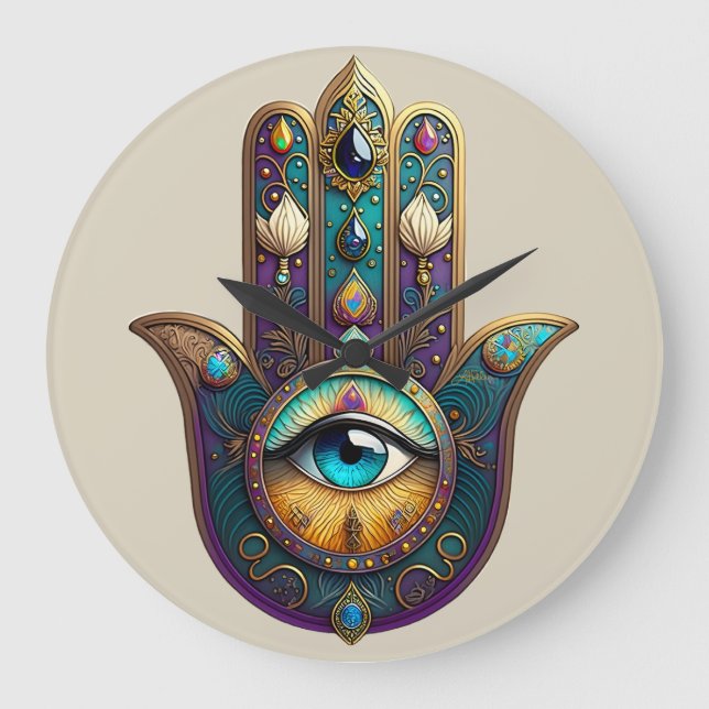 Gold Violet Teal Hamsa w/ Turquoise Third Eye Large Clock (Front)