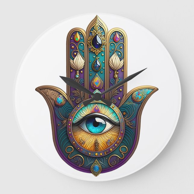 Gold Violet Teal Hamsa w/ Turquoise Third Eye Large Clock (Front)