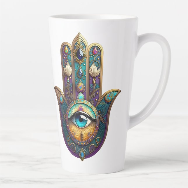 Gold Violet Teal Hamsa w/ Turquoise Third Eye Latte Mug (Right)
