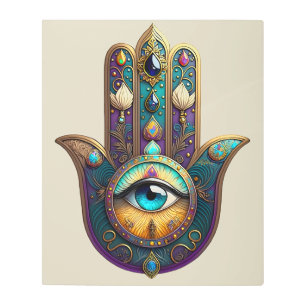 Gold Violet Teal Hamsa w/ Turquoise Third Eye Metal Print