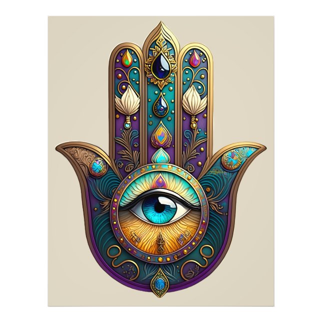 Gold Violet Teal Hamsa w/ Turquoise Third Eye Photo Print (Front)