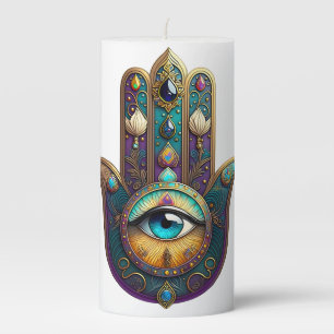 Gold Violet Teal Hamsa w/ Turquoise Third Eye Pillar Candle