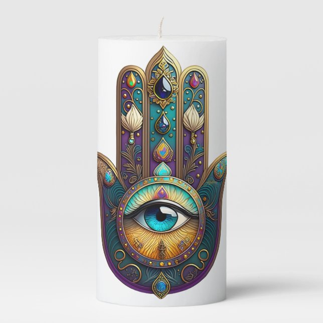 Gold Violet Teal Hamsa w/ Turquoise Third Eye Pillar Candle (Front)