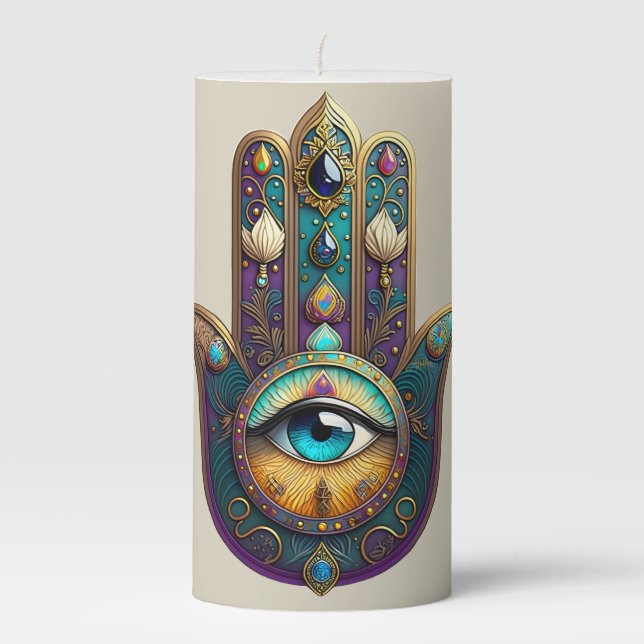 Gold Violet Teal Hamsa w/ Turquoise Third Eye Pillar Candle (Front)