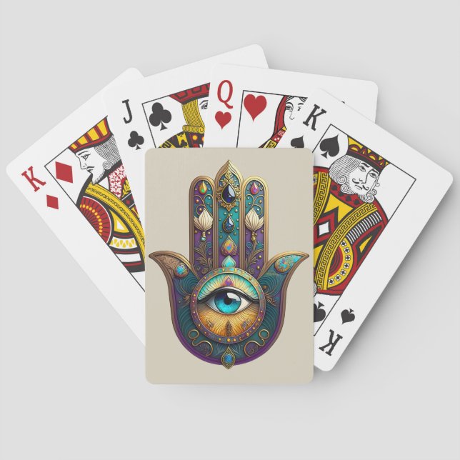 Gold Violet Teal Hamsa w/ Turquoise Third Eye Poker Cards (Back)