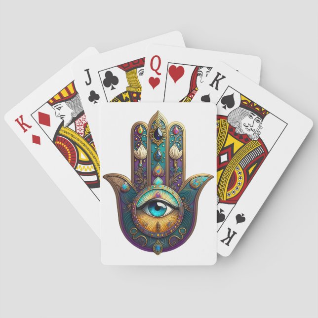 Gold Violet Teal Hamsa w/ Turquoise Third Eye Poker Cards (Back)