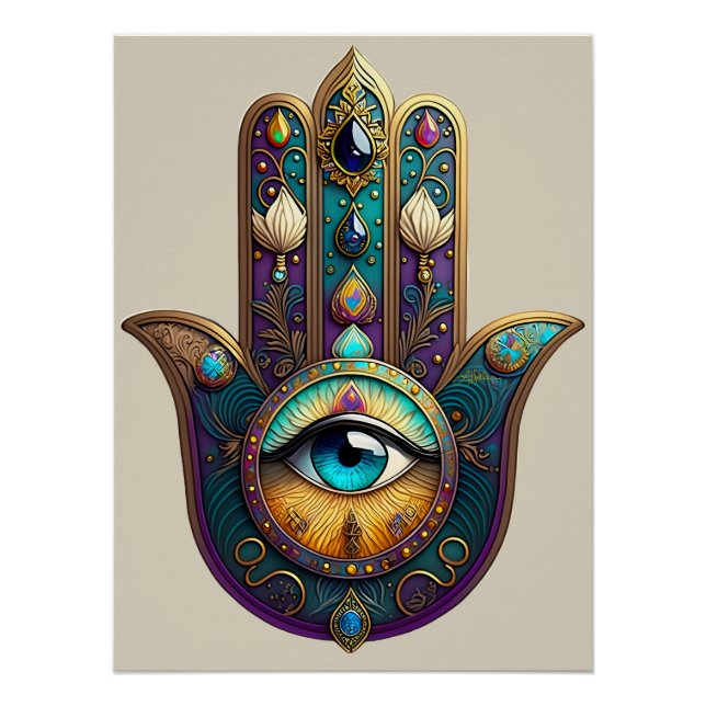 Gold Violet Teal Hamsa w/ Turquoise Third Eye Poster (Front)