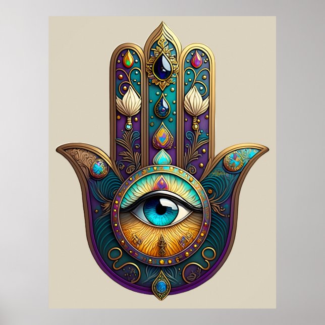 Gold Violet Teal Hamsa w/ Turquoise Third Eye Poster (Front)