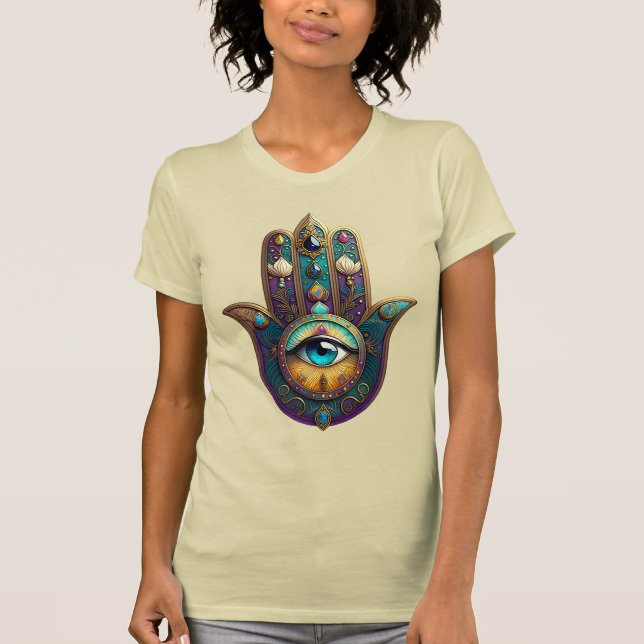 Gold Violet Teal Hamsa w/ Turquoise Third Eye T-Shirt (Front)