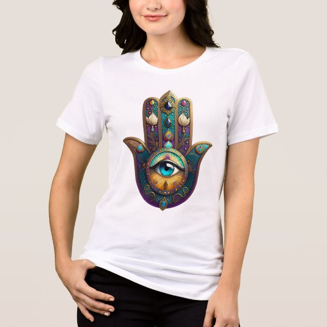 Gold Violet Teal Hamsa w/ Turquoise Third Eye Tri-Blend Shirt (Front)