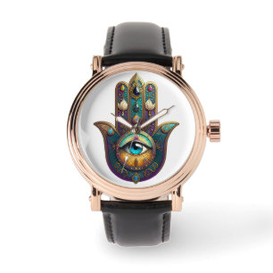 Gold Violet Teal Hamsa w/ Turquoise Third Eye Watch