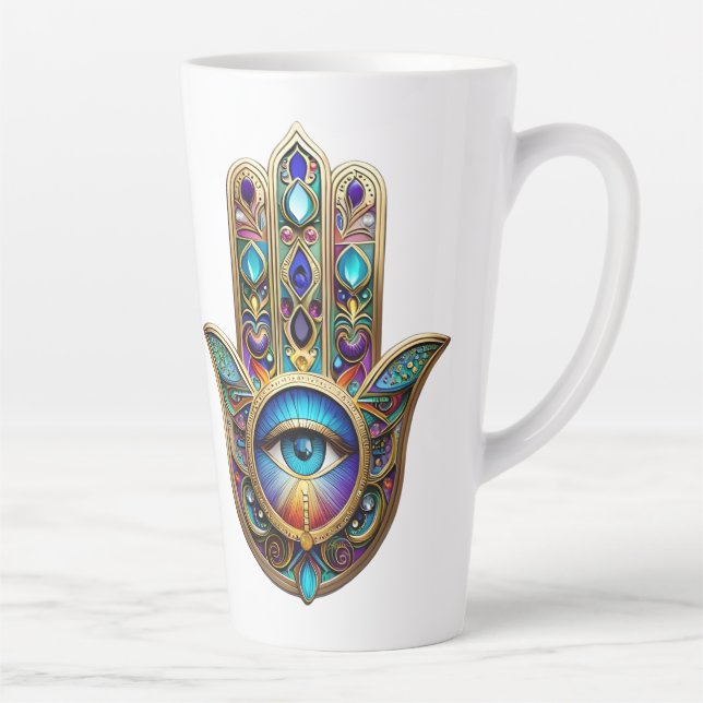Gold Violet Turquoise Hamsa w/ Sapphire Third Eye Latte Mug (Right)