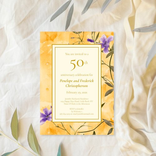 Gold Violets Floral 50th Wedding Anniversary Invitation