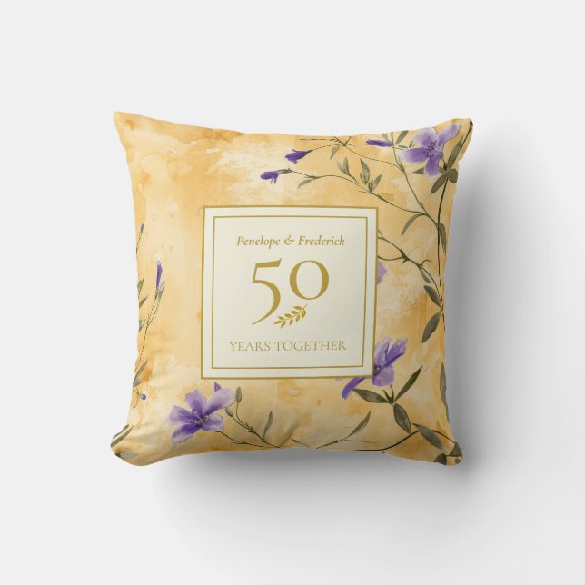 Gold Violets Floral 50th Wedding Anniversary Throw Pillow (Front)