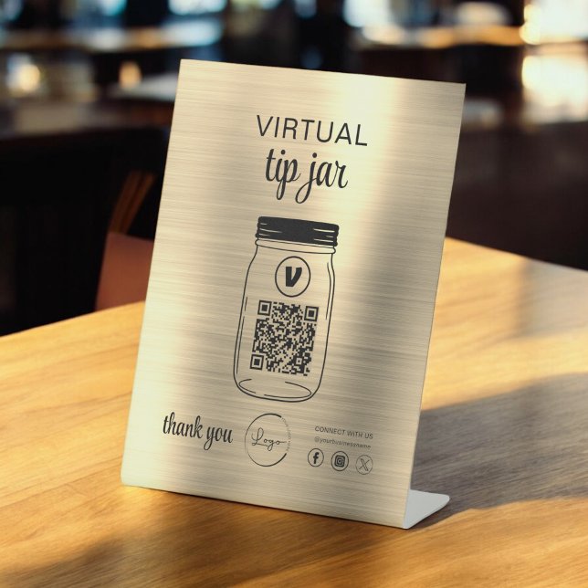 Gold Virtual Tip Jar QR Code Logo White Pedestal Sign (Creator Uploaded)