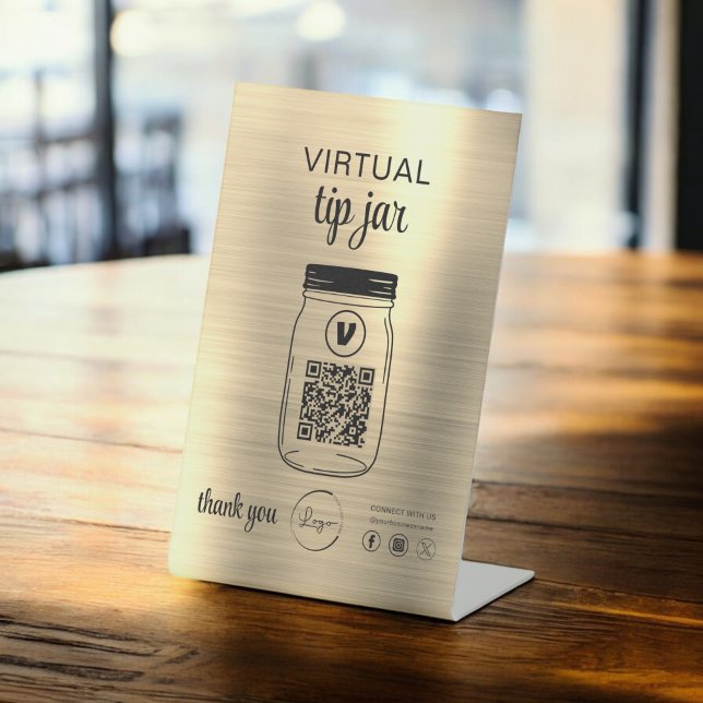 Gold Virtual Tip Jar QR Code Logo White Pedestal Sign (Creator Uploaded)