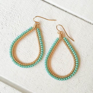 Gold w/Beaded Turquoise Teardrop Earrings
