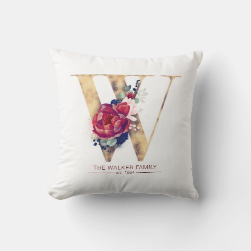 Gold W Monogram Floral Burgundy Red and Navy Blue Throw Pillow