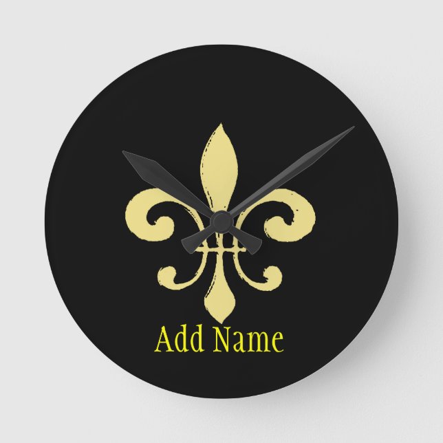 Gold Washout Fleur De Lis, add name Round Clock (Front)