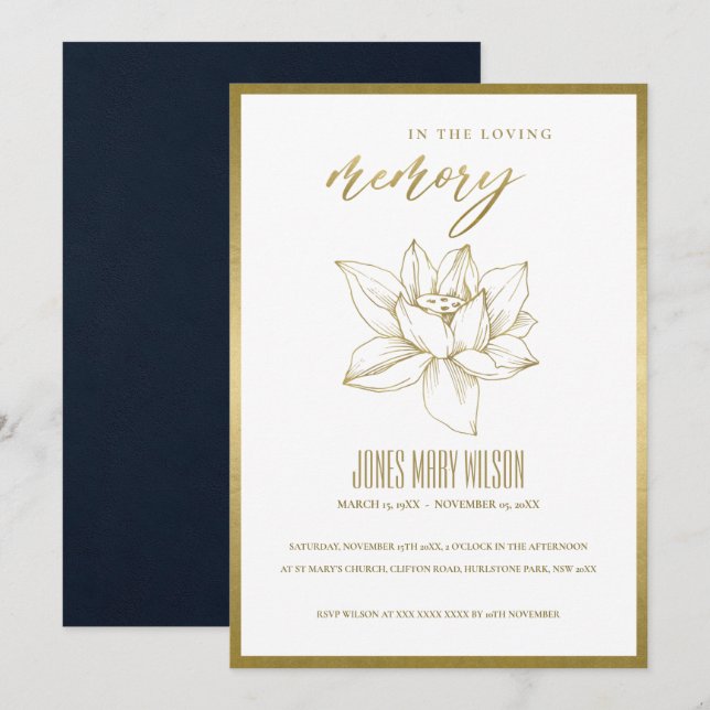 GOLD WATER LILY SYMPATHY MEMORIAL SERVICE INVITE (Front/Back)