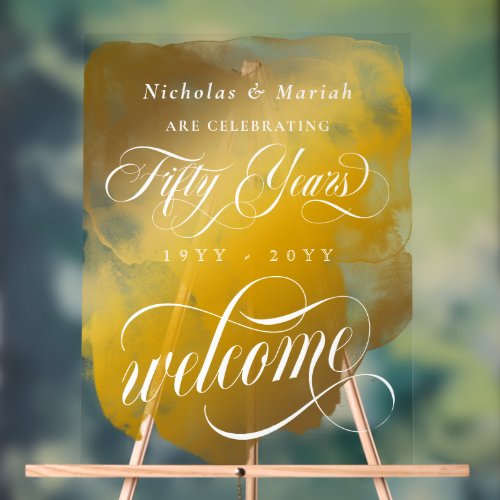 Gold Watercolor 50th Wedding Anniversary Welcome Acrylic Sign