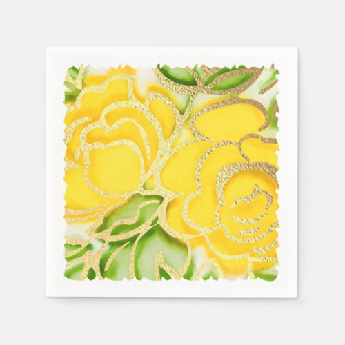 Gold Watercolor Abstract Roses Yellow Napkins