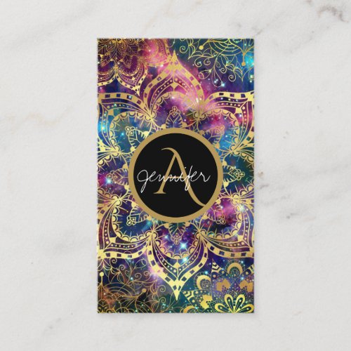 Gold watercolor and nebula floral mandala business card